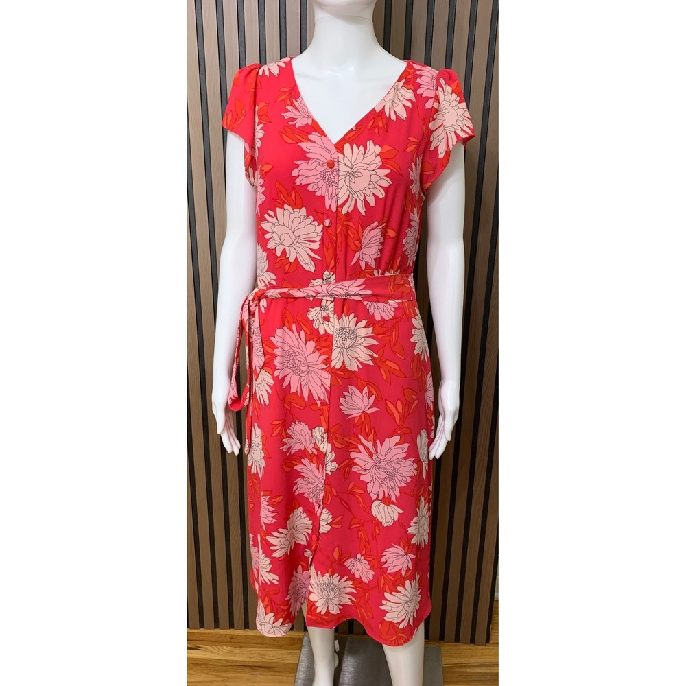 Talbots Petite Red Pink Floral Button Front Belted Midi Dress 10P Short Sleeve